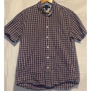 TOMMY HILFIGER Mens MEDIUM Plaid RED/BLUE Button Down SHORT‎ Sleeve Shirt